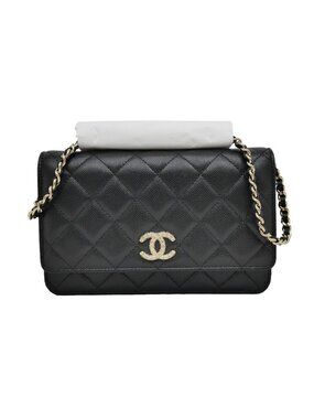 Chanel Chain Wallet Shoulder Bag Caviar Leather Black Champagne